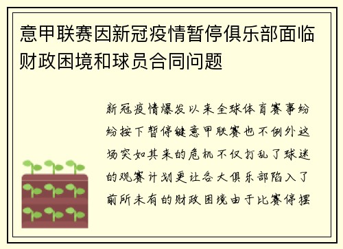 意甲联赛因新冠疫情暂停俱乐部面临财政困境和球员合同问题